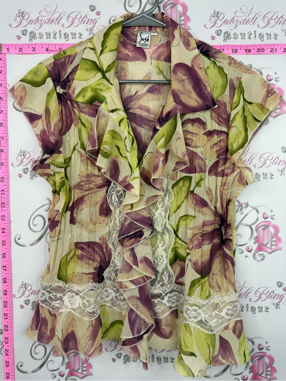 Sash blouse y2k Floral Ruffle Lace Women's Top - Purple & Green